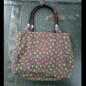 CRABBIE BAGS HANDMADE BROWN FABRIC PURSE HANDBAG TOTE W/ BEADED HANDLE